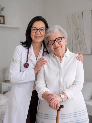 Médica com paciente idosa sorrindo